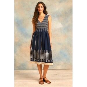 Max Studio Specialty Products Navy Blue Boho Woven V‎ Neck Smocked Midi Dress S